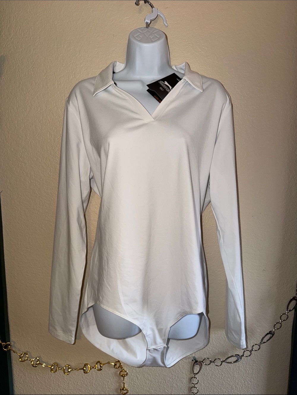 Slazenger White Long-Sleeve Collared V-Neck Bodysuit